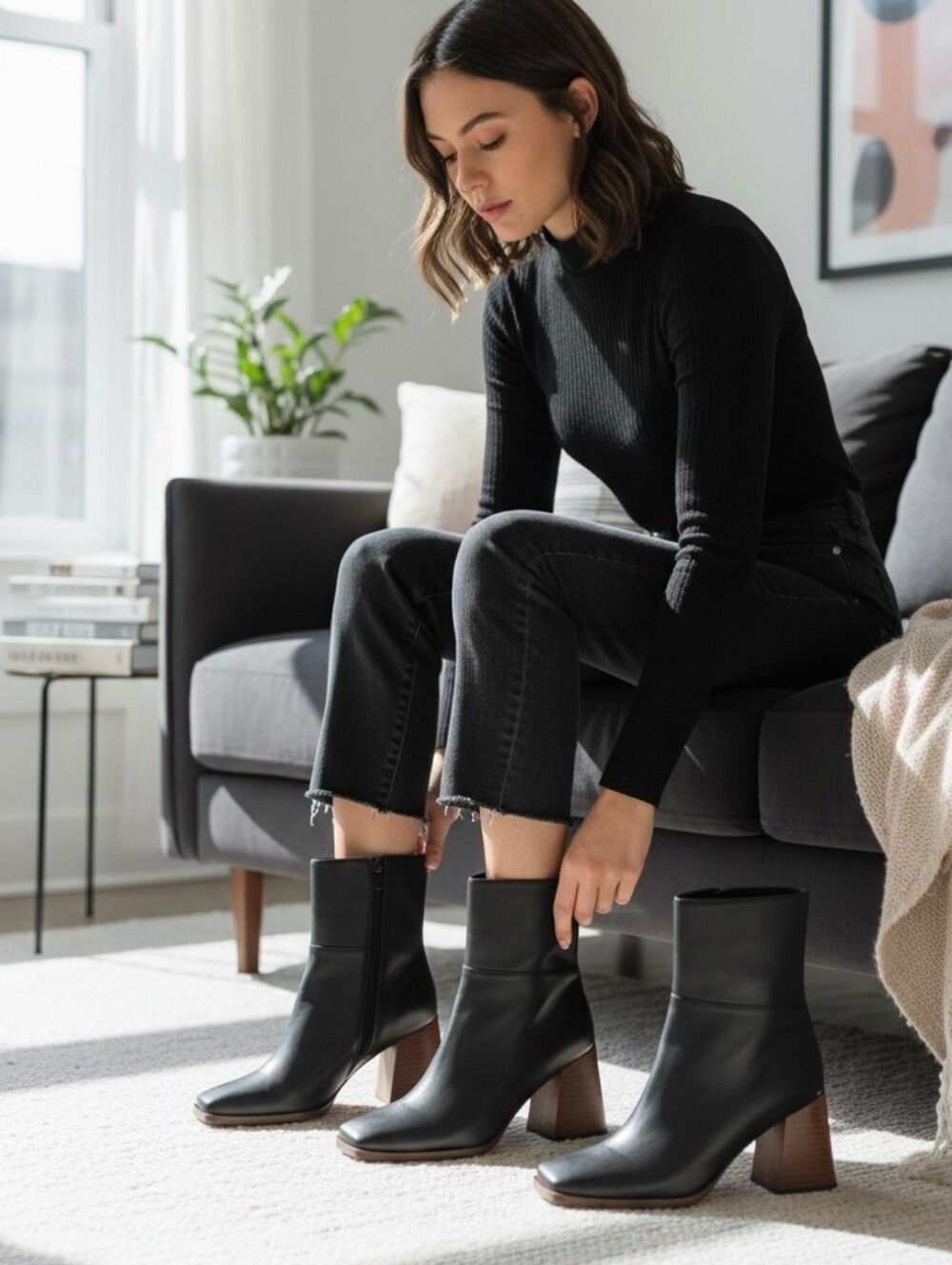 Wonderly Women’s Black Ankle Bootie Boots, Square Toe, Side Zipper, US 11